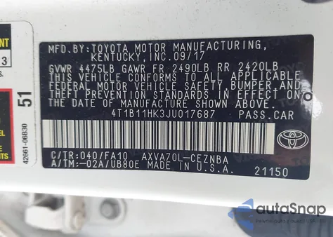 2018 Toyota Camry Le из США, поврежденный, VIN 4T1B11HK3JU017687